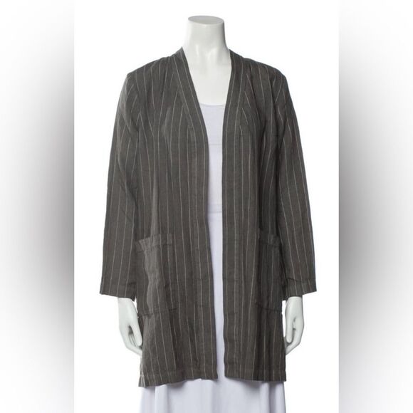120% lino Striped Gray open front linen Cardigan, L - Picture 1 of 12